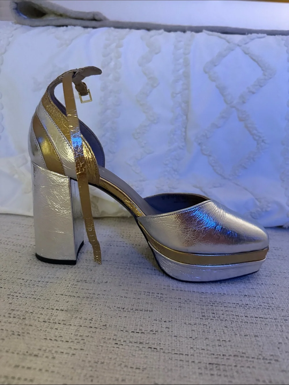 All Saints Metallic Silver and Gold Platform Block Heels
